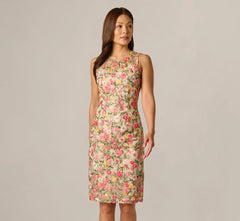Floral Embroidered Illusion Sheath Dress In Coral Multi