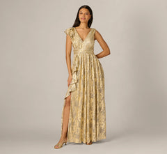 Sleeveless Metallic Crinkle Ruffle Gown In Champagne Gold