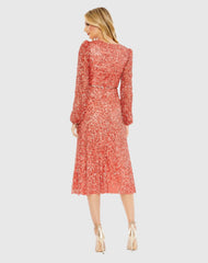 Red Sequined Puff Sleeve Wrap Over A Line Dress - FINAL SALE
