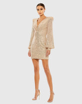 Sequined Structured Bishop Sleeve Mini Dress