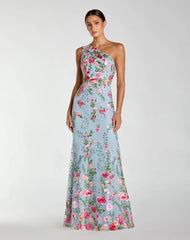 One Shoulder Floral Embroidered Gown
