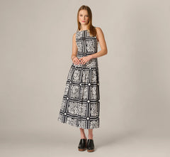 Drop Waist Cotton Tile Print Midi Sundress In Black Ivory