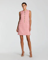 Pink Boucle Sleeveless Mini Dress with Gold Buttons
