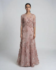 High Neck Embellished Lace Gown with 3/4 Sleeves