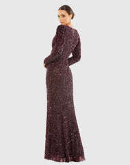 Red Puff Shoulder Sequined Surplice Gown