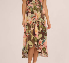 Flutter Sleeve High Low Midi Wrap Dress In Brown Multi
