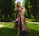 Sleeveless Floral Jacquard High Low Gown In Burgundy Multi