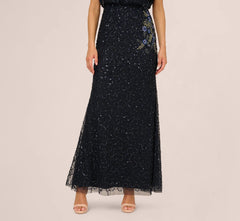 Short Sleeve Beaded Floral Embroidery Gown In Midnight Multi