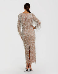 Beige Long Sleeve Midi Dress With Embellished Fringe