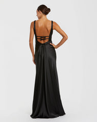 Black Sleeveless V Neck Satin Gown With Bow Details