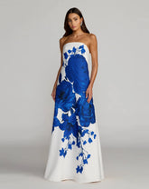 White Floral Printed Strapless Crepe Trapeze Gown