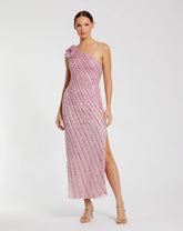Pink One Shoulder Beaded Mesh Dress With Flower