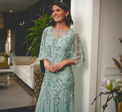 Floral Beaded Godet Cape Gown In Aqua Dust