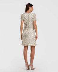 Ivory Pearl Embellished Short Sleeve Mini Dress