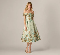 Floral Jacquard Ankle Length Dress With Off The Shoulder Neckline In Sage Gold