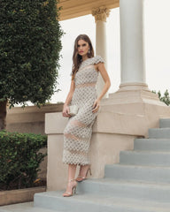 Beige Embellished Mesh Fitted Midi Dress With Sheer Panels