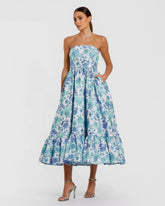 Blue Floral Brocade Strapless A Line Midi Dress
