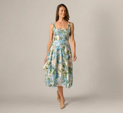 Square Neck Drop Waist Floral Jacquard Dress In Blue Multi