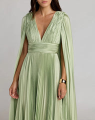 Light Green Pleated Charmeuse V Neck Gown With Cape
