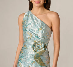 Petite One Shoulder Floral Jacquard Rosette Gown In Blue Multi