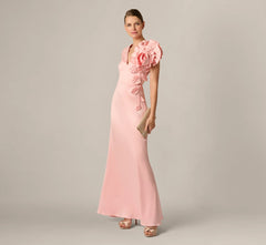 Stretch Mikado Rosette Shoulder Gown In Pink Cloud