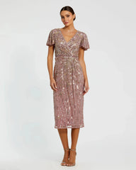 Purple Embellished Faux Wrap Flutter Sleeve Dress