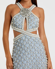 Blue Pearl Embellished Open Back Gown