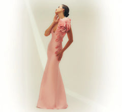Stretch Mikado Rosette Shoulder Gown In Pink Cloud