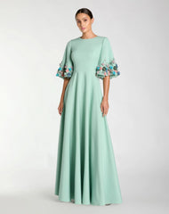 Crepe 3/4 Sleeve A-line Gown With Flower Trim