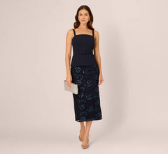 Sleeveless Sequin Lace Combo Midi Dress In Midnight