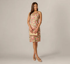 Floral Embroidered Illusion Sheath Dress In Coral Multi