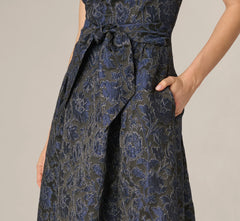 Jacquard Tie Front Fit And Flare Midi Dress In Black Navy