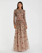 Petite Beige Embellished High Neck Long Sleeve A Line Gown