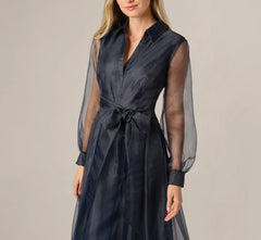 Long Sleeve Organza Collared Ankle Length Midi Dress In Midnight