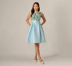 Floral Beaded Shantung Fit And Flare Dress In Sky Multi