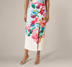 One Shoulder Floral Twill Midi Dress In Blue Multi