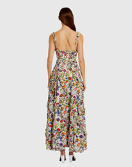 Multicolor Ruffle Scoop Neck Floral A-Line Dress