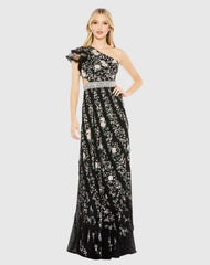 Multicolor Embroidered Ruffled One Shoulder Lace Up Gown