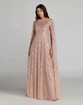 Pink Embellished High Neck Gown With Cape Sleeves