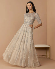 Beige 3/4 Sleeve Embellished A-line Gown