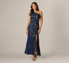 One Shoulder Floral Sequin Bead Gown In Light Navy