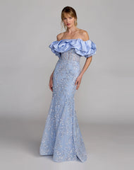 Blue Embellished Mermaid Gown With Off The Shoulder Ruffle