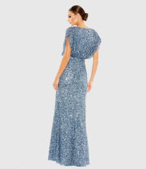 Blue Sequin Draped Sleeve V-Neck Gown