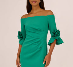 Off Shoulder Three Quarter Rosette Sleeve Cocktail Dress In Emerald
