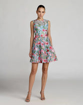 Blue Floral Embroidered Sleeveless A-Line Mini Dress