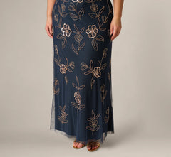 Plus Size Flutter Sleeve Floral Beaded Blouson Gown In Navy Rosegold