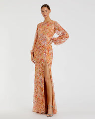 Orange Floral Print Sequined Puff Sleeve Gown - FINAL SALE