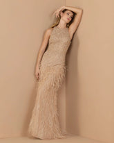 Beige Embellished Lace Sleeveless Feather Gown