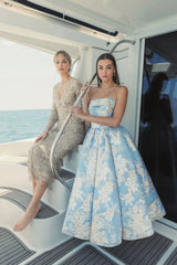 Light Blue Strapless Brocade Midi Dress With Pockets