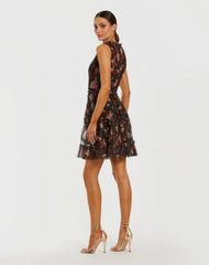 Black Multicolor Micro Ruffle Floral A-Line Mini Dress